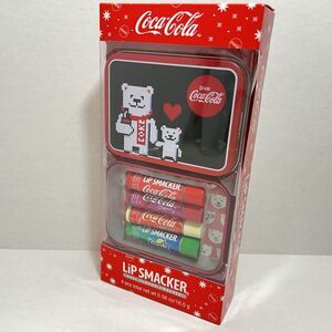 Lip Smacker 4pc Balm Collectible Bear Tin Christmas Coca Cola 2018 NEW Sprite